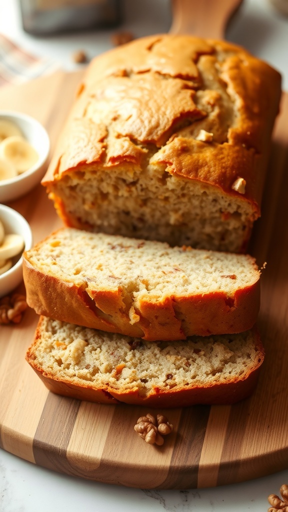 A golden brown loaf of banana bread sliced on a cutting board, with walnuts and banana slices beside it.